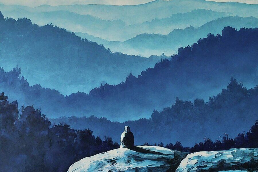 Depressed young man looking out towards mountain shards in hues of blue, depicting contemplation of suicide as to the news of Garrison Brown.