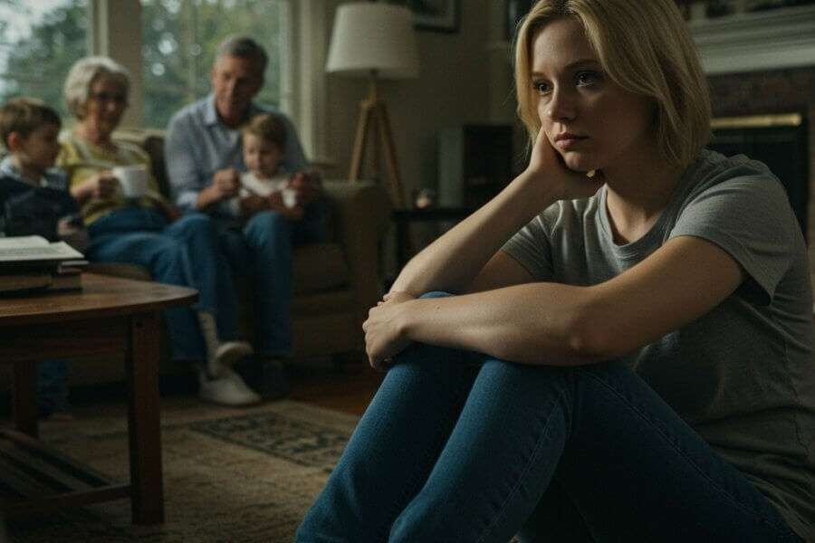 Woman thoughtfully considering psychiatric care and family support options